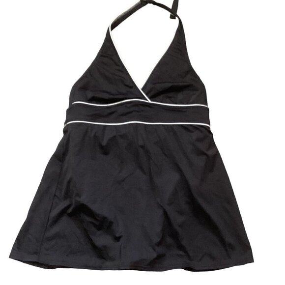 Lands' End Halter 1-Piece Swimsuit Black w/ White Piping Plus Size 18 #135G - Picture 2 of 6